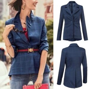 CABI 5475 Sunset Kiss Plaid Jacket Windowpane Check Blazer Blue ponte knit sz 12